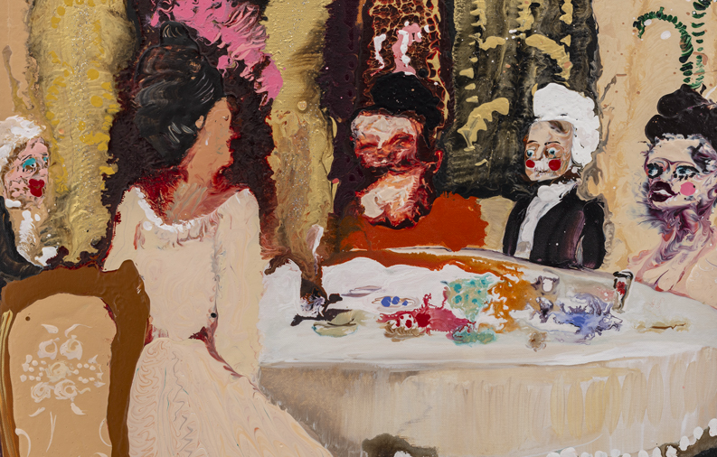 Genieve Figgis, Dinner guests, 2024, acrylique sur toile, 46 x 61 x 2 cm. © Courtesy of the artist and Almine Rech. exposition unearthly pursuits