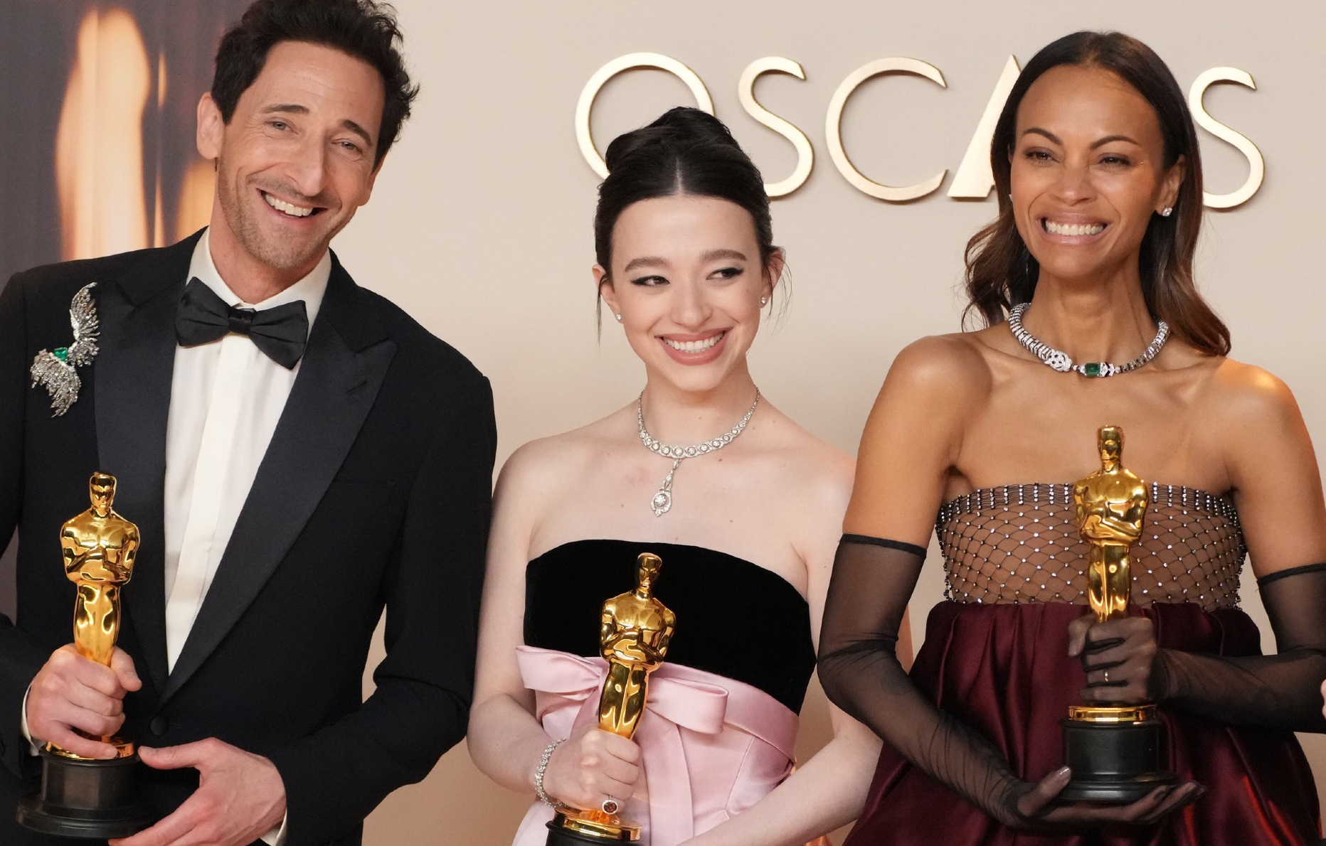 Adrien Brody, Mikey Madison, Zoe Saldaña et Kieran Culkin, aux Oscars au Dolby Theatre, à Hollywood, le 2 mars 2025. Photo par Jeff Kravitz/FilmMagic via Getty Images.